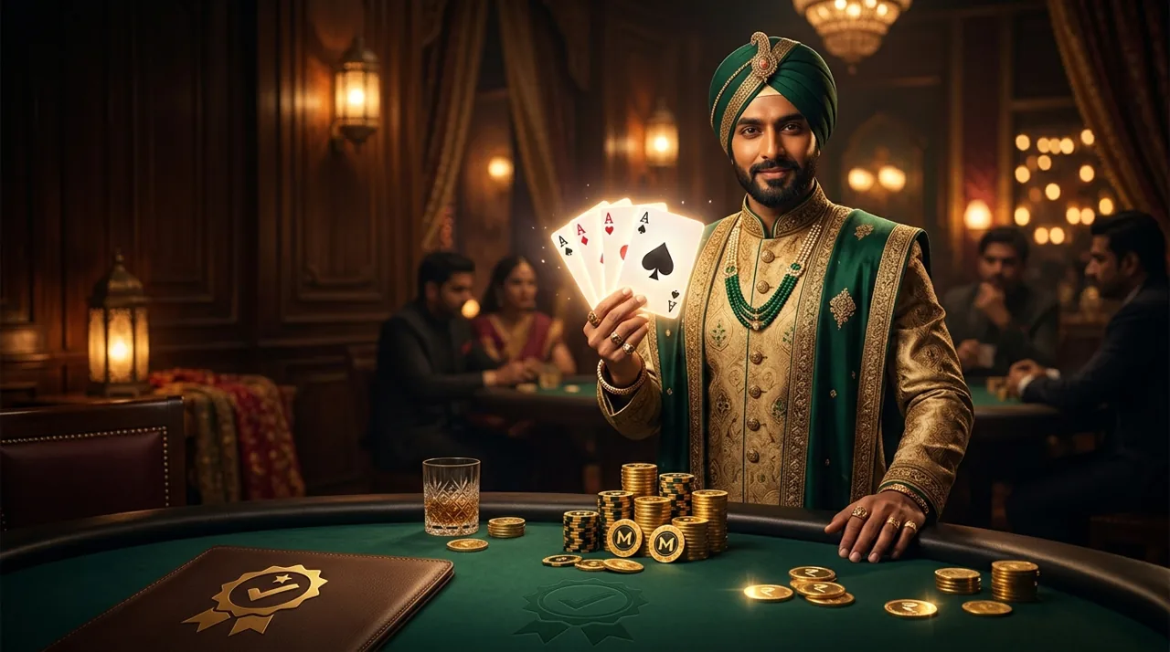 3 Patti Master brand — a card master in Indian attire holding three glowing aces at a green table