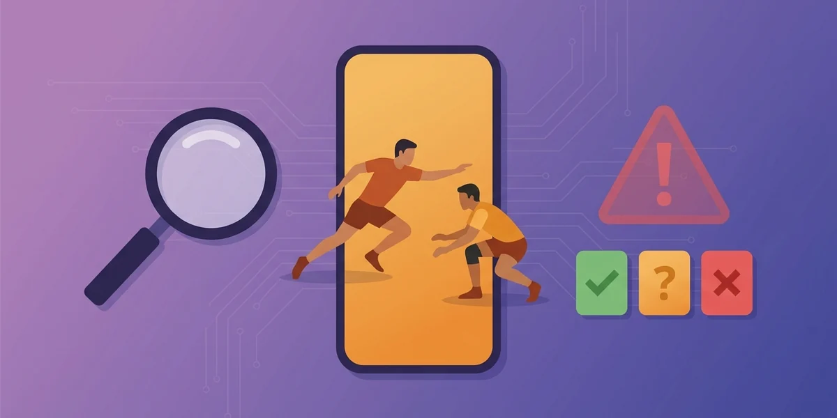 Pro Kabaddi betting apps in India — a phone showing a raider and defender, under a magnifying glass, beside a warning sign and green/amber/red app markers
