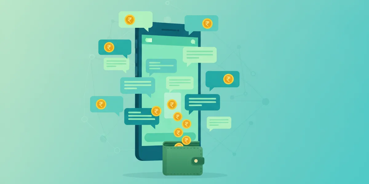 SMS and WhatsApp earning apps in India — chat bubbles turning into rupee coins in a wallet