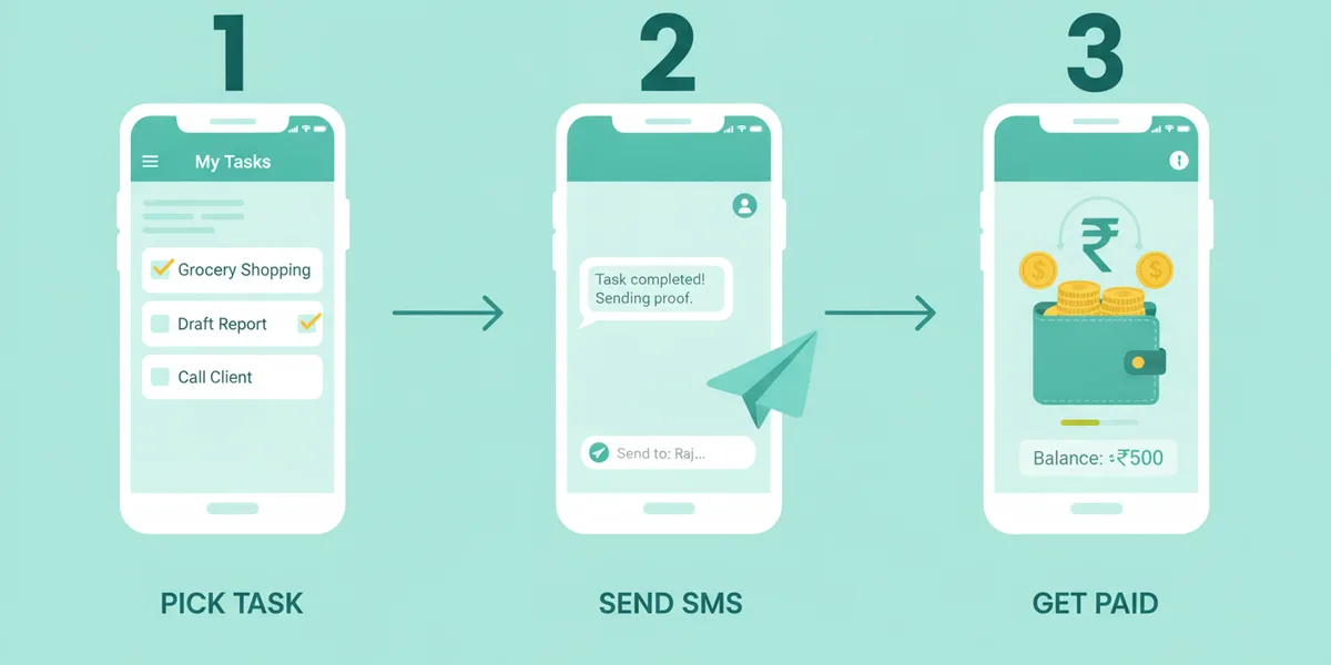 How an SMS earning task works: pick a task, send the message, get paid to your wallet