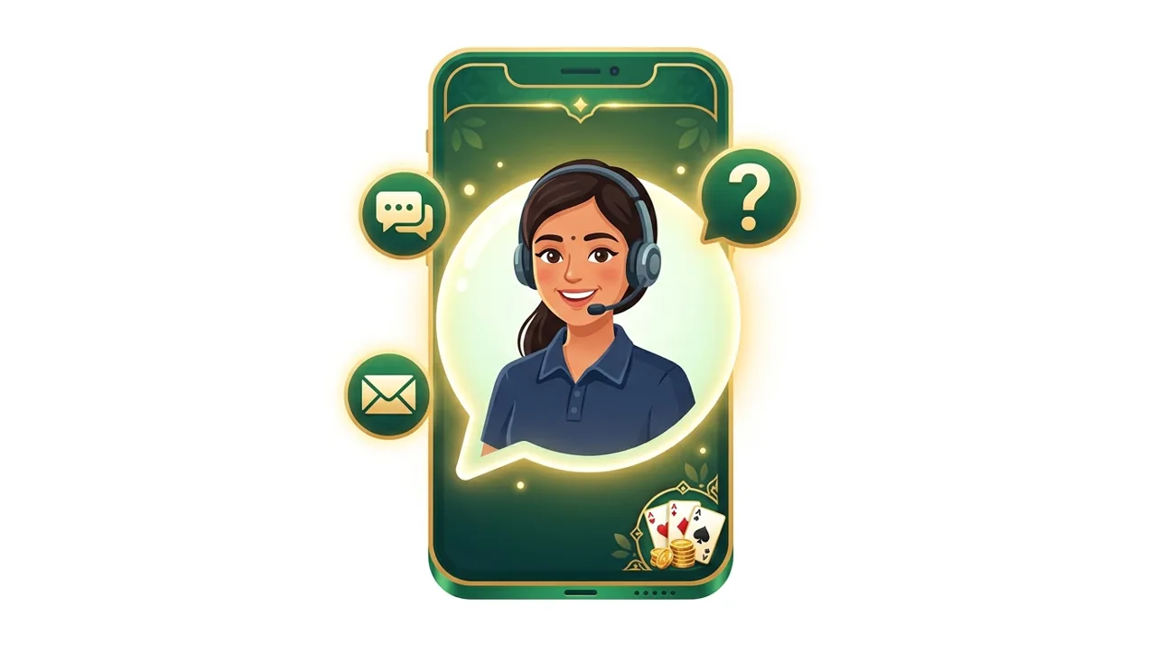 Teen Patti Master customer care — a friendly support agent in a chat bubble on a phone screen